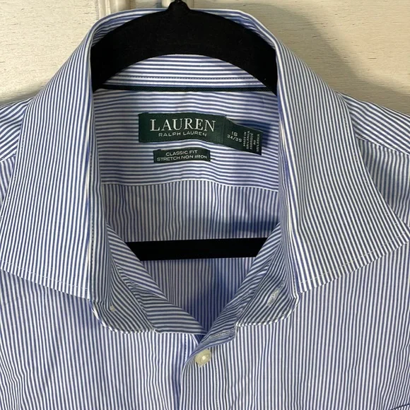 Mens Ralph Lauren pinstripe blue button down shirt classic fit size 16 - Picture 2 of 6